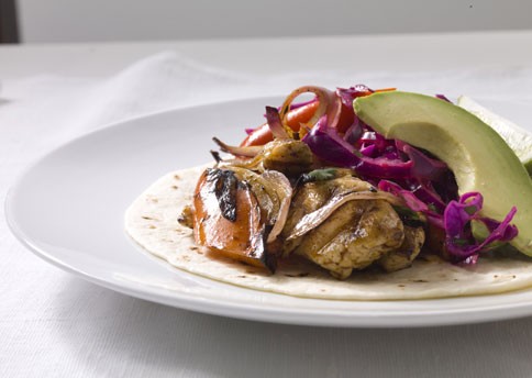Chicken fajitas with crunchy lime cabbage and avocado