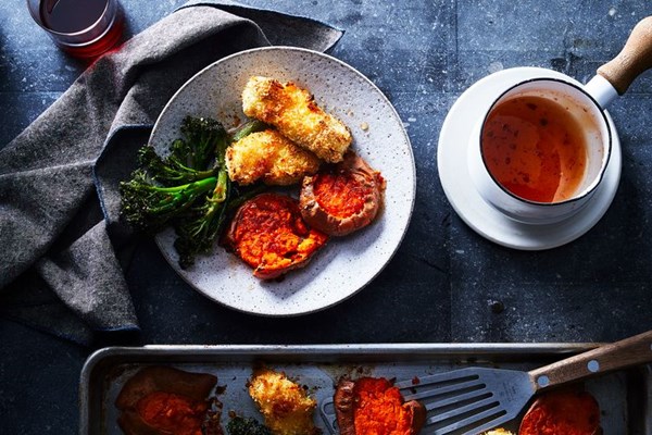 Chicken fingers with sweet potatoes, broccolini, and hot honey
