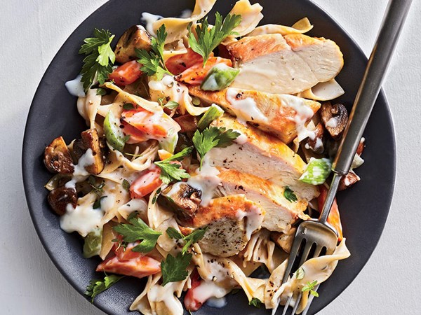 Chicken fricassee with browned butter noodles