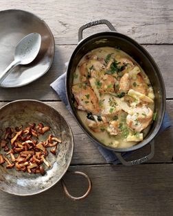 Chicken fricassee with parsley roots and chanterelle mushrooms