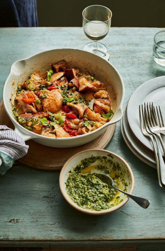 Chicken fricassee with pesto & semi-dried tomatoes