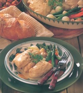 Chicken fricassee with spring vegetables