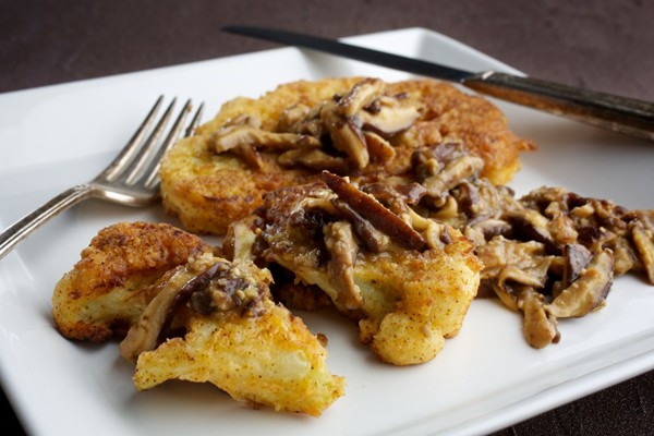 Chicken-fried cauliflower with miso-mushroom gravy