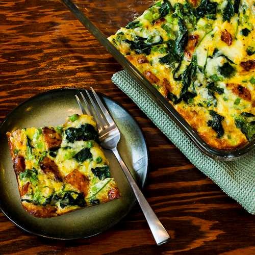 Chicken-garlic sausage, kale, and mozzarella egg bake