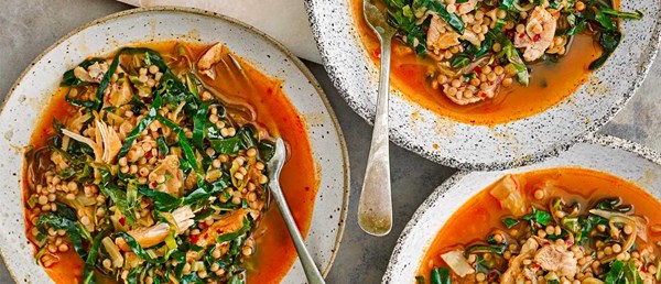 Chicken, giant couscous and harissa broth