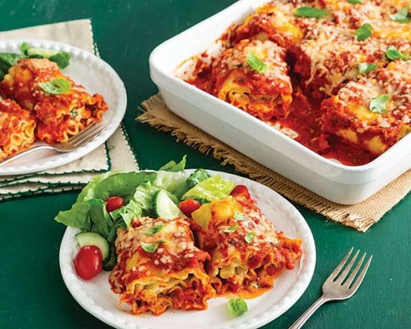 Chicken-goat cheese-mustard greens lasagna roll-ups