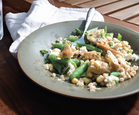 Chicken, green bean, corn, and farro salad with goat cheese