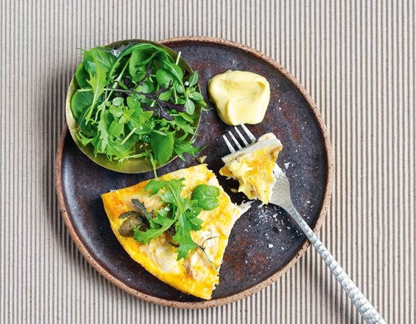 Chicken, green olive & Manchego frittata, fresh spring greens