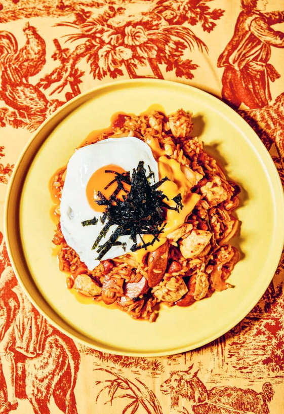 Chicken, hotdog and kimchi fried rice