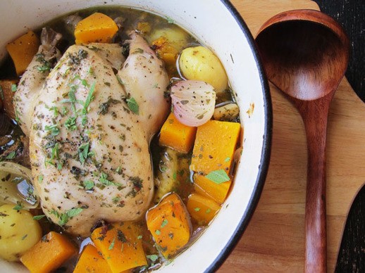Chicken in a pot with potatoes and squash (Poule au pot)