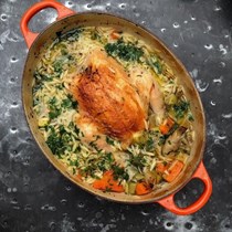 Chicken in a pot with lemon and orzo
