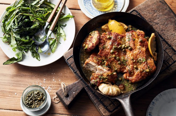 Chicken in lemon (Pollo al limone) with bitter greens