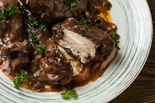 Chicken in red wine (Coq au vin)