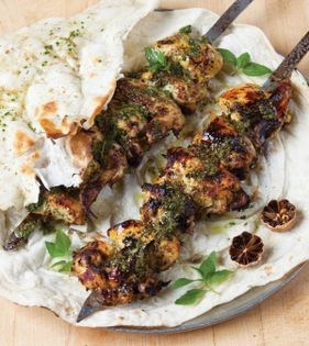 Chicken kabab with dried lime + mint (Jujeh kabab-e Bandari)