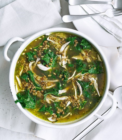 Chicken, kale and pesto barley soup
