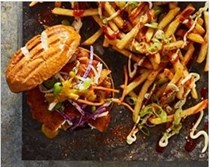 Chicken katsu burger with togorashi & okonomiyaki sauce fries
