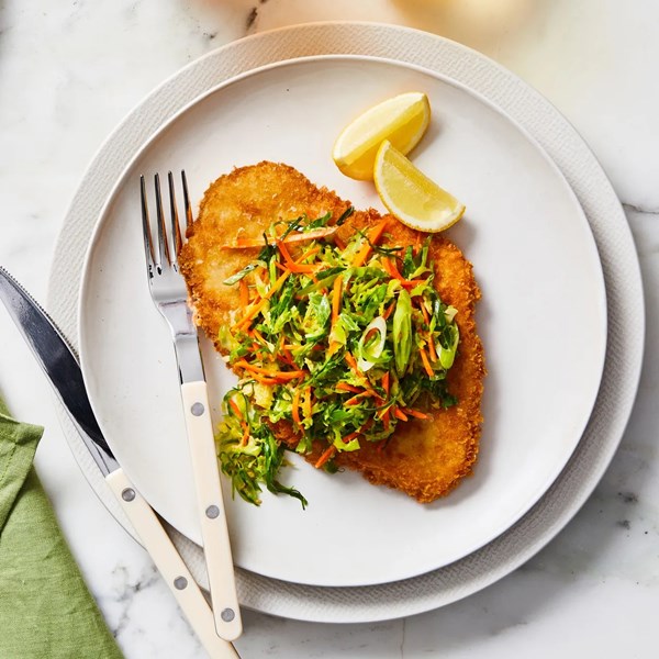Chicken katsu with miso Brussels sprout slaw 