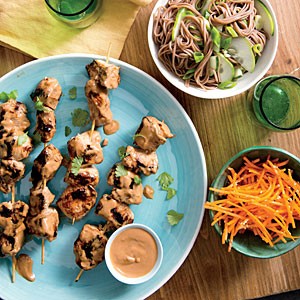 Chicken kebabs with cucumber noodles