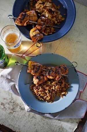 Chicken kebaps with prune orzo pilav (Tavuk şiş)