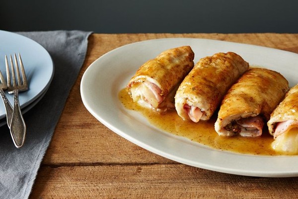 Chicken Kiev "cordon bleu" with a boozy cider sauce