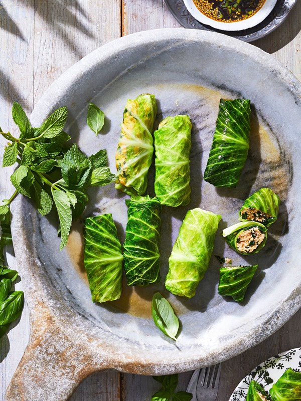 Chicken laab cabbage rolls