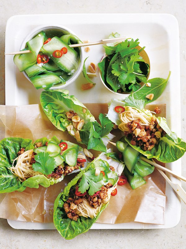 Chicken larb with brown rice vermicelli and quick pickled cucumber