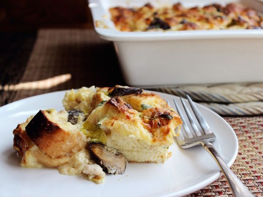 Chicken, leek, and mushroom strata