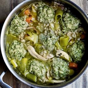 Chicken, leek and pearl barley stew with parsley dumplings