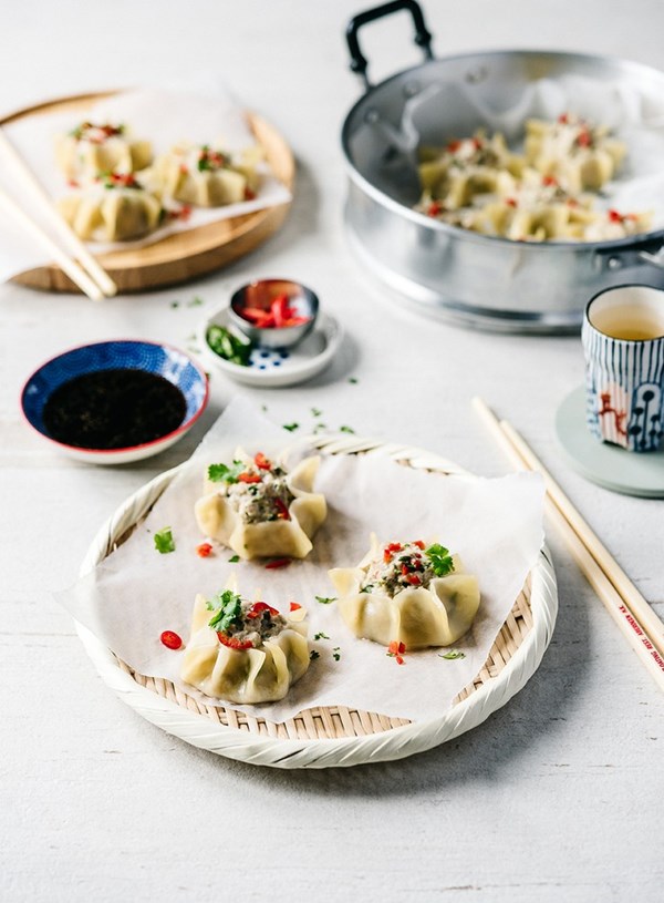 Chicken, lemongrass and coriander shu mai with soy and lime dipping sauce