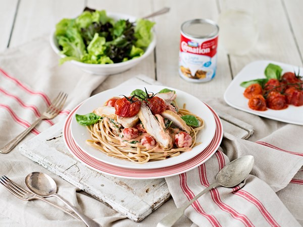 Chicken linguine with tomato cream sauce