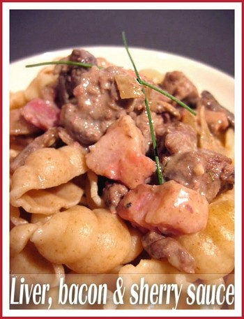 Chicken liver, bacon and sherry sauce