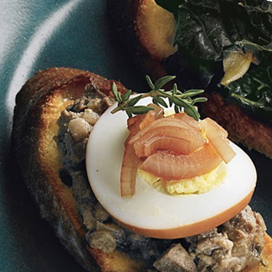 Chicken liver crostini with pickled eggs