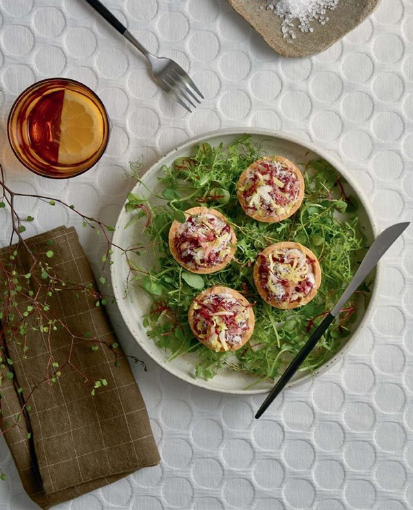 Chicken liver parfait tarts with walnut cream, witloof & pecorino