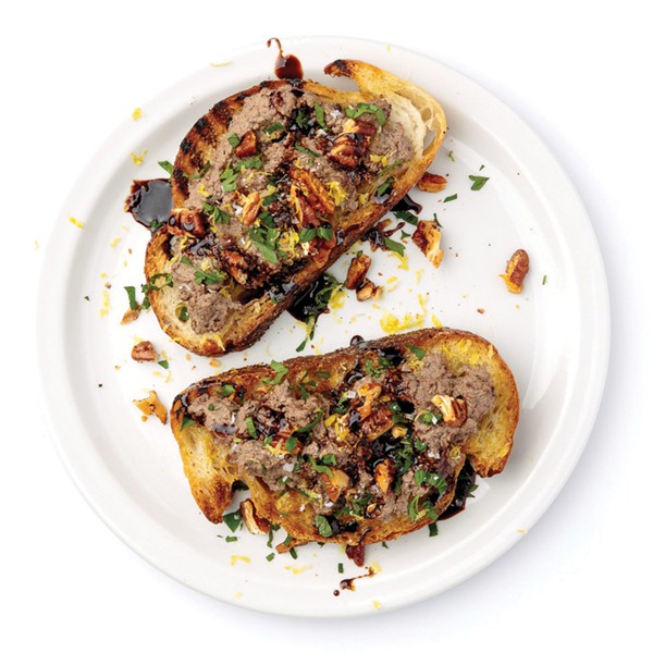 Chicken liver toast with spiced pecans