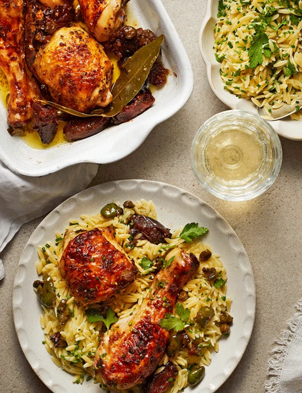 Chicken Marbella with orzo