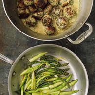Chicken meatballs in lemon-dill cream sauce with asparagus