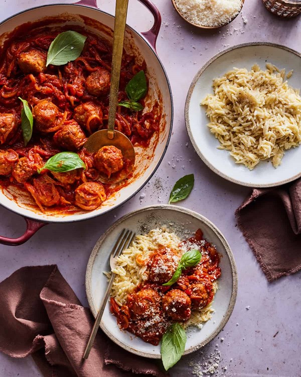 Chicken meatballs with creamy orzo