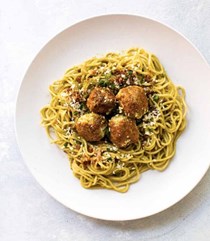 Chicken meatballs with spring green spaghetti