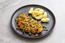 Chicken Milanese with green olive and preserved lemon salsa 