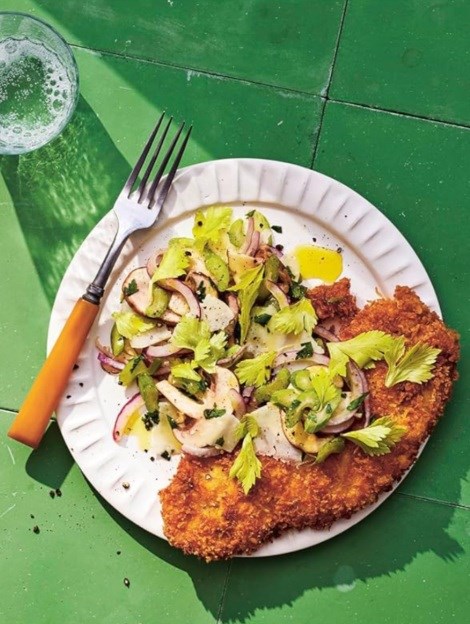 Chicken Milanese with shaved celery and mushroom salad