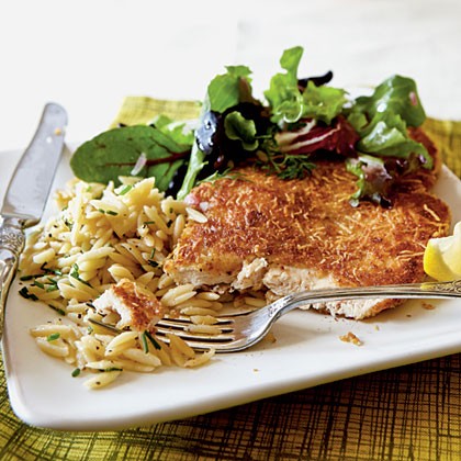 Chicken Milanese with spring greens