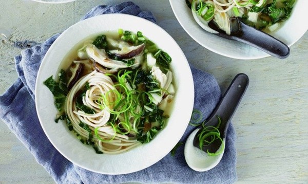 Chicken miso soup with oyster mushrooms and greens
