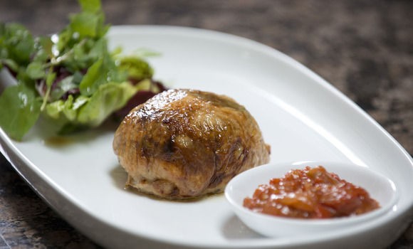 Chicken money bag, bitter green salad, preserved lemon and tomato chutney