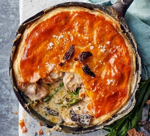 Chicken, morel mushroom & asparagus one-pan pie