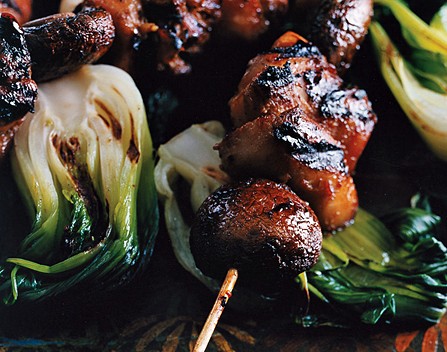 Chicken, mushroom, and bok choy kebabs