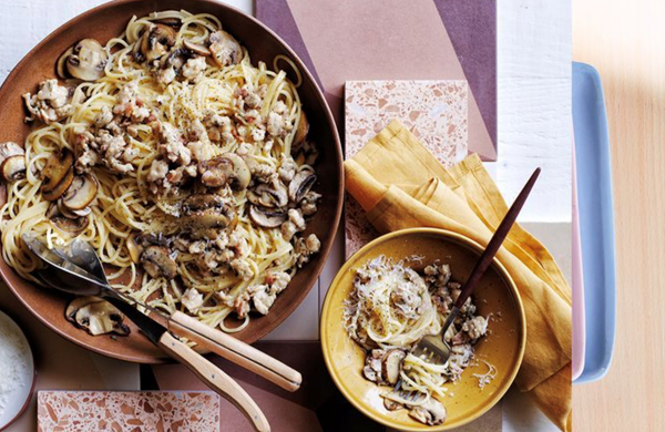 Chicken, mushroom and Parmesan spaghetti