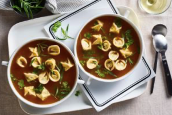 Chicken neck brodo with spinach and ricotta tortellini