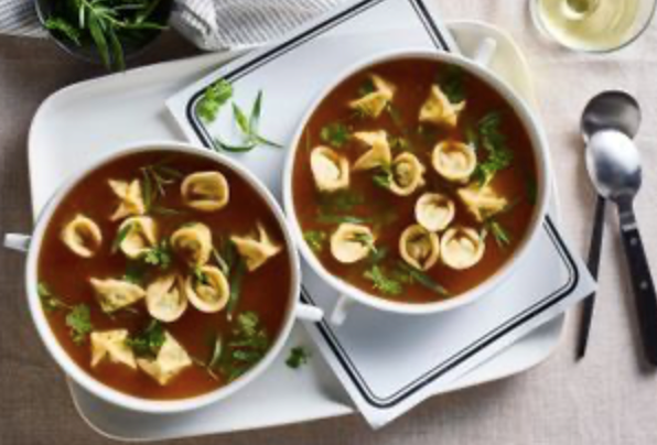 Chicken neck brodo with spinach and ricotta tortellini