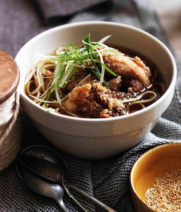 Chicken noodle soup and golden fried chicken
