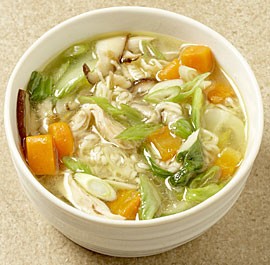 Chicken noodle soup with baby bok choy and shiitake